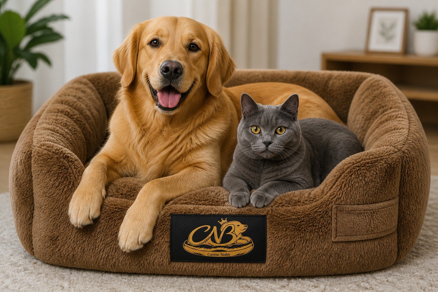 Golden Retriever and grey cat resting together on a brown Canine Noble bed