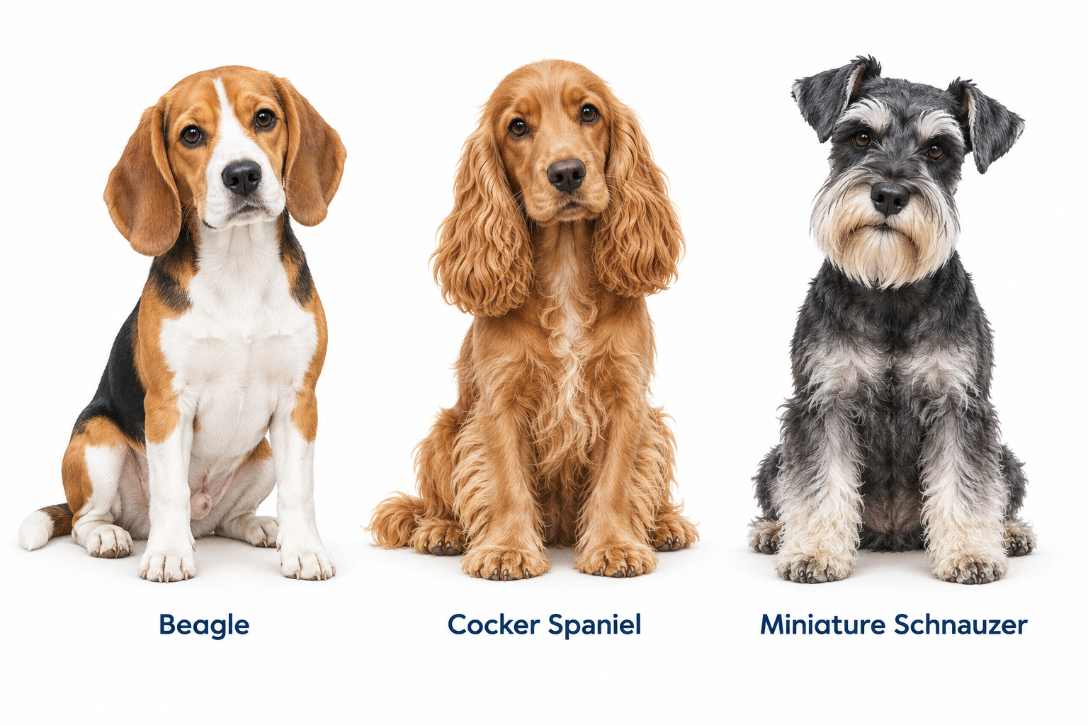 Labelled Beagle, Cocker Spaniel and Miniature Schnauzer illustrations